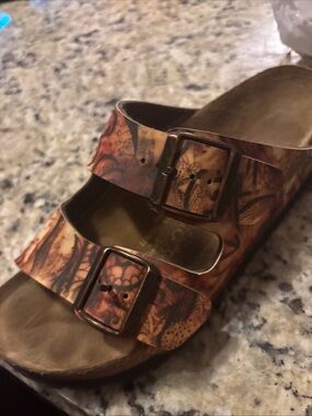 Birkenstock Two-Strap Sandal in Brown and Tan Pattern